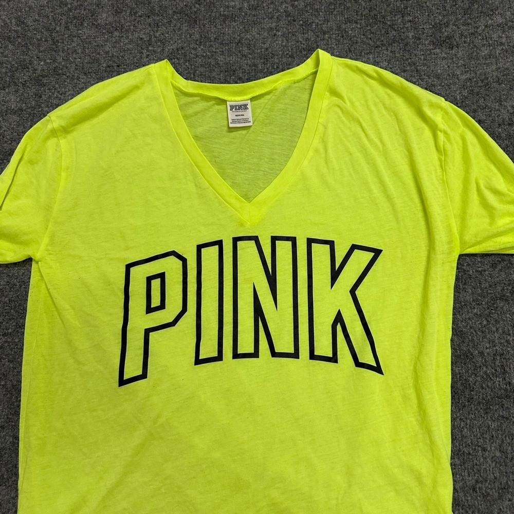 Pink Victoria's Secret Shirt Womens Size M Neon Yellow V-Neck Long Sleeve Logo